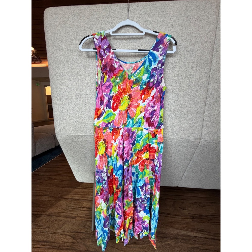 Jams World Floral Midi Dress Sleeveless Handkerchief Hem Rayon Tropical V-Neck